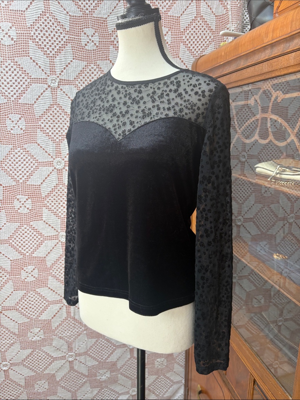 Black Velvet & Floral Flocked Mesh Top Sz -M